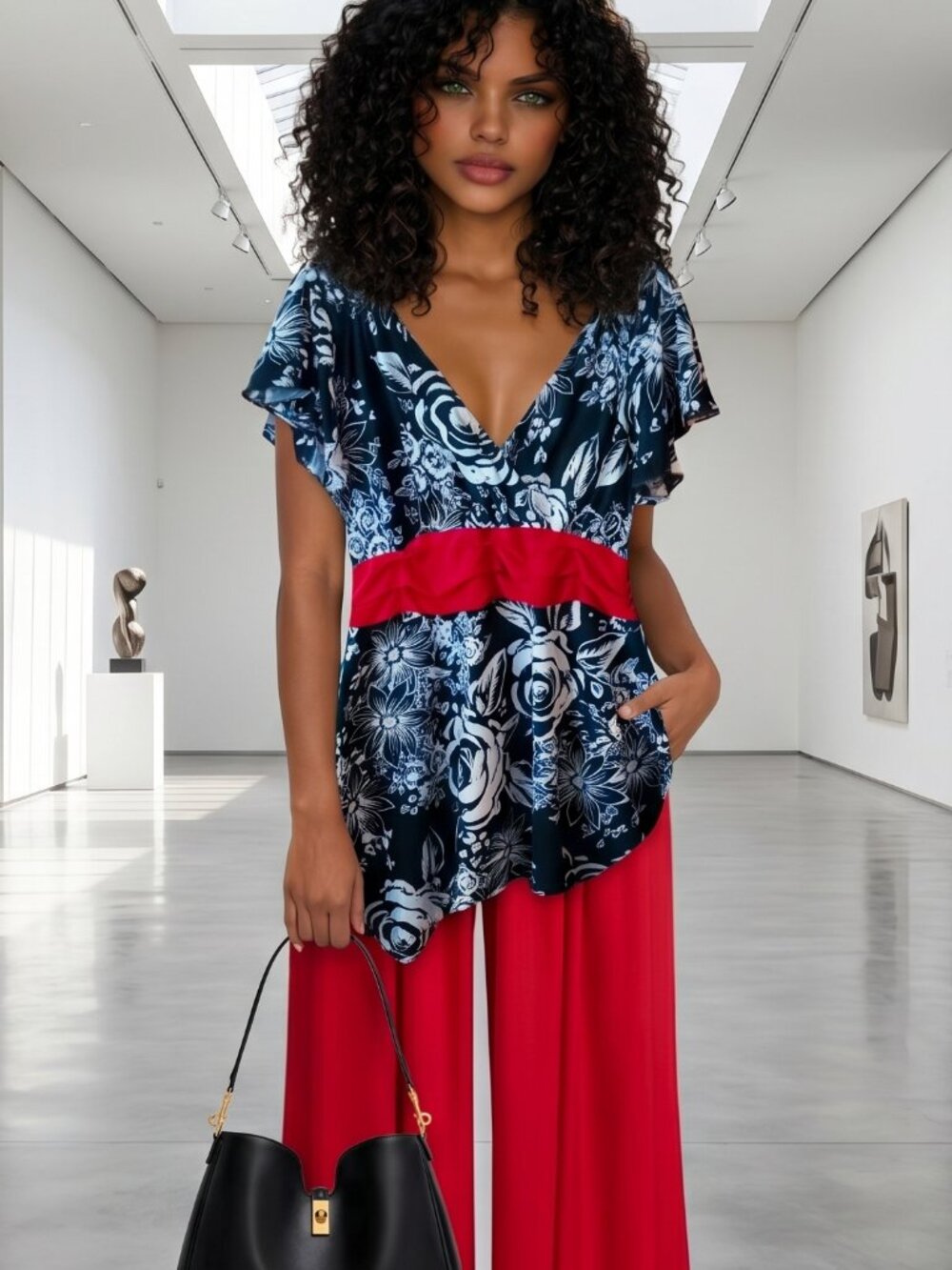 Studio Y Floral Print Red Black White Flutter Sleeve Flowy Tunic Top XL Y2k
